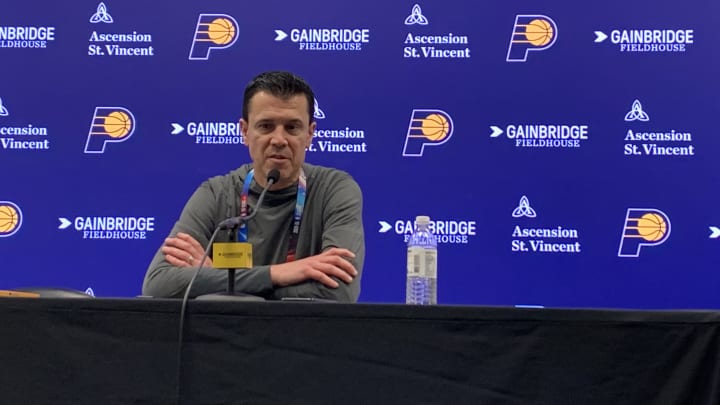 Indiana Pacers general manager Chad Buchanan speaks with the media. (Mandatory Photo Credit: PacersSI)