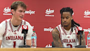 Indiana basketball forward Reed Bailey (left) and guard Lamar Wilkerson (right) speak to media Dec. 9, 2025, at Simon Skjodt Assembly Hall.