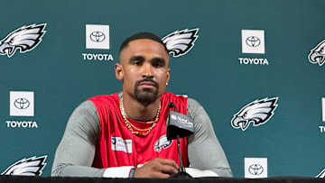Quarterback Jalen Hurts talked to reporters on May 20 as the Philadelphia Eagles continued with their offseason workout programs.