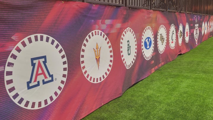 The Big 12 school's logos on display at the Big 12 Conference's Media Day on July 10, 2024.