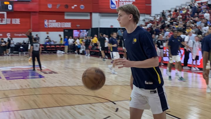 Indiana Pacers rookie wing Johnny Furphy warms up for a 2024 summer league outing against the Brooklyn Nets. (Mandatory Photo Credit: Tony East)