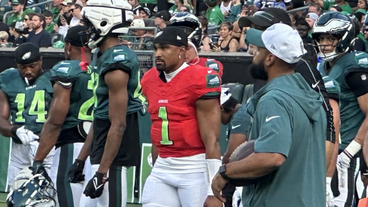 Eagles quarterback Jalen Hurts at open practice at Lincoln Financial Field on Aug, 1, 2024