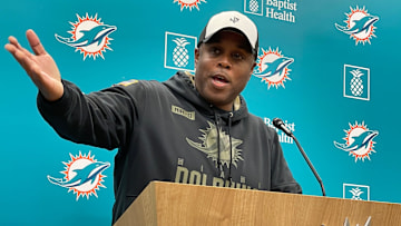 Dolphins general manager Chris Grier discusses the upcoming draft on Tuesday, April 16, 2024.