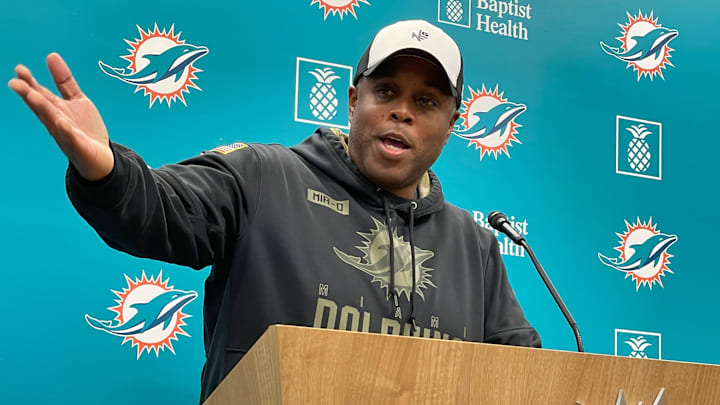 Dolphins general manager Chris Grier discusses the upcoming draft on Tuesday, April 16, 2024.