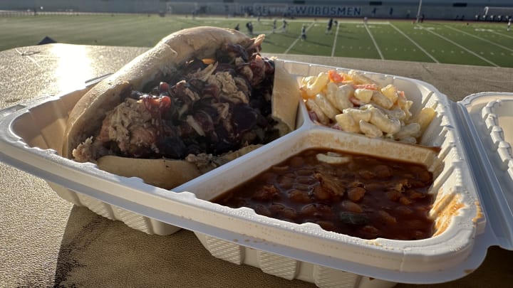 The pulled pork plate from The Rolling Pit BBQ at St. Paul High in Santa Fe Springs, Calif. served on Friday night for high school football.