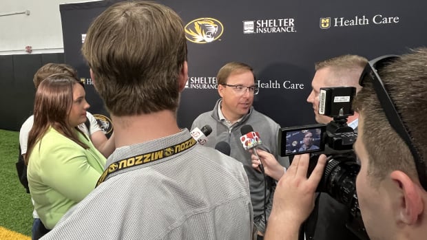 Missouri football coach Eli Drinkwitz speaks to the media following the introductory press conference for athletic director Laird Veatch at the Stephen's Indoor Facility Friday, April 26, 2024 in Columbia, Mo.