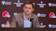 Tommy Rees speaks to reporters during his introductory news conference as Cleveland Browns offensive coordinator.