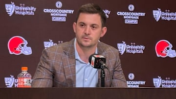 Tommy Rees speaks to reporters during his introductory news conference as Cleveland Browns offensive coordinator.