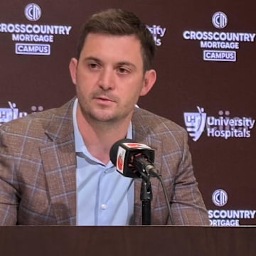 Tommy Rees speaks to reporters during his introductory news conference as Cleveland Browns offensive coordinator.