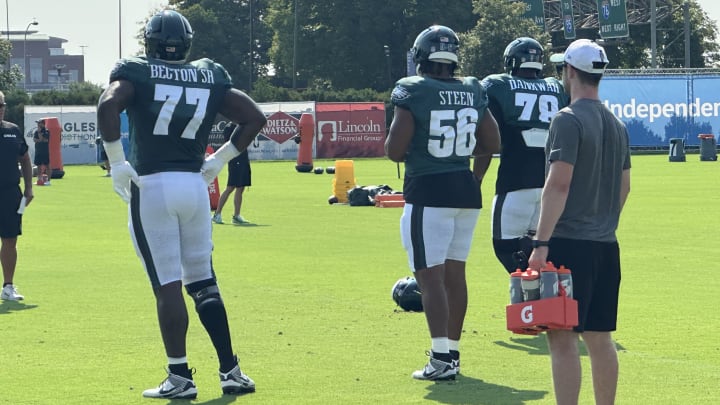 Mekhi Becton (left) is projected to be the winner of the battle to be the Eagles' starting right guard ahead of Tyler Steen.