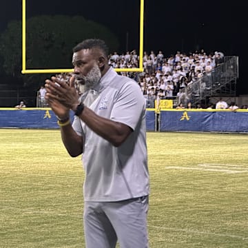 New Bishop Amat football coach Kory Minor looks on while his Lancers hold on to a large lead over St. Paul in 2025 season opener at home.