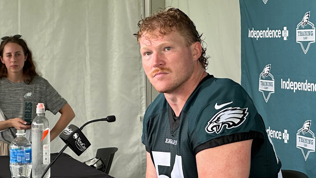 Cam Jurgens meets with reporters after Day 2 of Eagles training camp practice.