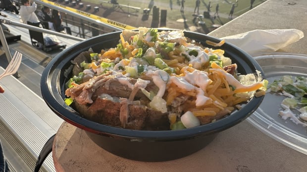 The loaded baked potato from The Rolling Pit BBQ at St. Paul High in Santa Fe Springs, Calif. served on Friday night for high