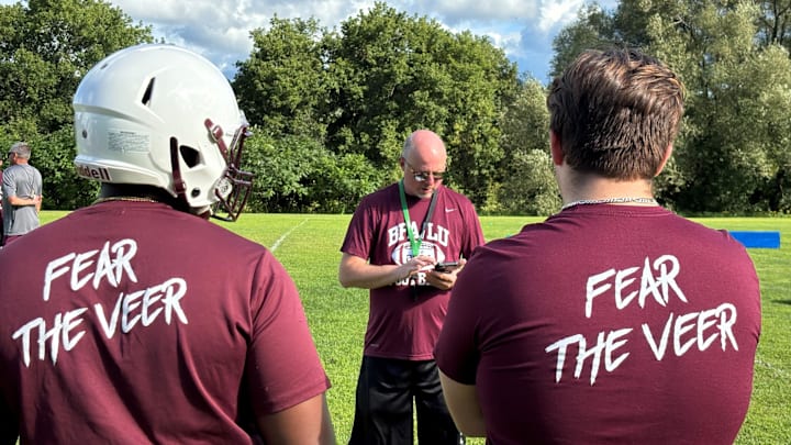 BFA-Fairfax/Lamoille head coach Craig Sleeman talks to players during the first day of preseason practices on Monday, Aug. 12, 2024.