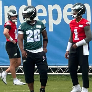 Saquon Barkley and Jalen Hurts at Eagles practice on Aug. 5, 2025.