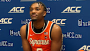 October 7, 2025; Charlotte, North Carolina, USA; Syracuse Guard J.J. Starling speaks with reporters during the ACC Tipoff media event at the Uptown Hilton Hotel. Mandatory Credit: Brad Bierman, The Juice Online-On SI 