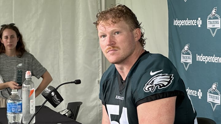 Cam Jurgens meets with reporters after Day 2 of Eagles training camp practice.