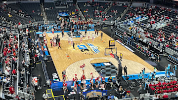 The Gainbridge Fieldhouse floor before Indiana and Southern California played their Big Ten Tournament quarterfinal on March 7, 2025.