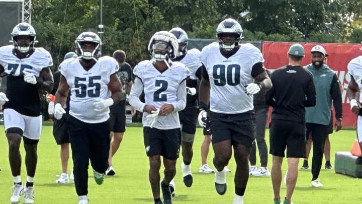 Eagles defenders from left to right: Tarron Jackson, Brandon Graham, Darius Slay, and Jordan Davis