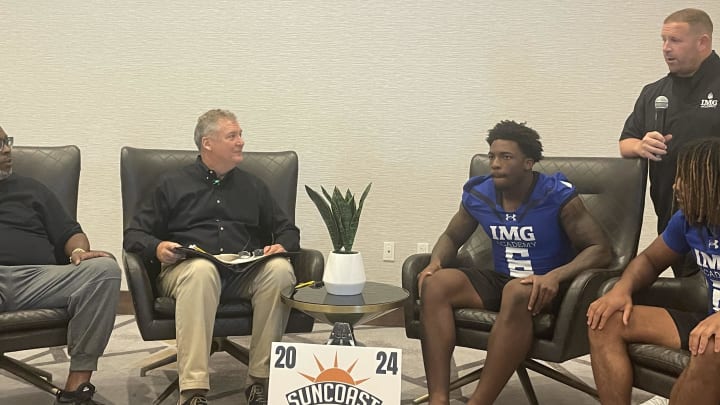 IMG Academy head coach Billy Miller speaking at South Suncoast Media Day 2024 at the Legacy Hotel 