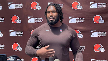 Browns defensive tackle Jowon Briggs addresses media before the first practice of rookie minicamp, Friday, May 10, 2024, in Berea. The Browns drafted Briggs in the seventh round out of the University of Cincinnati.