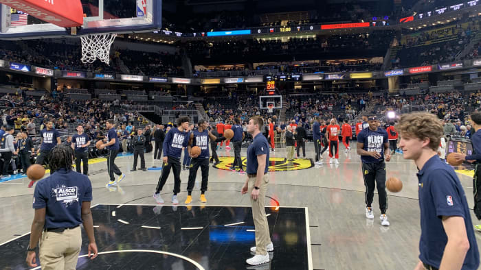 The Indiana Pacers warm up before taking on the Toronto Raptors in Gainbridge Fieldhouse on February 26, 2024. (Mandatory Photo Credit: AllPacers)