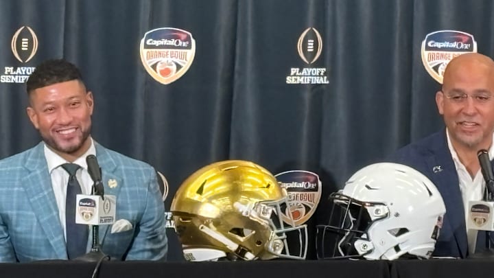 Notre Dame coach Marcus Freeman and Penn State coach James Franklin speak at a press conference before the Orange Bowl. Notre Dame coach Marcus Freeman and Penn State coach James Franklin speak at a press conference before the Orange Bowl.