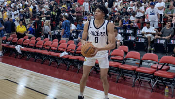 Indiana Pacers forward Enrique Freeman warms up before the second half of a summer league game against the Minnesota Timberwolves on July 14, 2024. (Mandatory Photo Credit: Tony East)