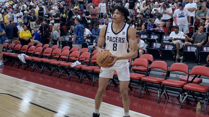 Indiana Pacers forward Enrique Freeman warms up before the second half of a summer league game against the Minnesota Timberwolves on July 14, 2024. (Mandatory Photo Credit: Tony East)