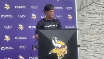 Vikings quarterback J.J. McCarthy addresses the media after practice on Friday July 26. 