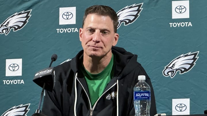 Philadelphia Eagles quarterback coach Doug Nussmeier meets with the media on June 4, 2024.