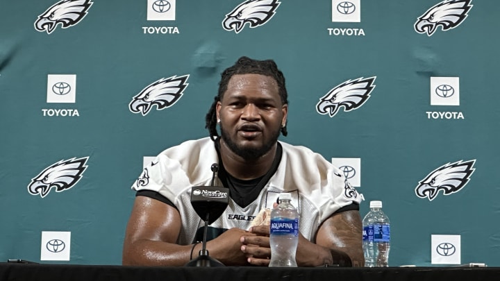 Philadelphia Eagles defensive tackle Jalen Carter talks with reporters following an open OTA practice on May 22, 2024.
