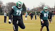 Eagles offensive linemen Myles Hinton (left) nd Willie Lampkin could be good depth options when the team places Lane Johnson on injured reserve and possibly Cam Jurgens, too.