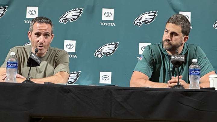 Eagles GM Howie Roseman (left) and head coach Nick Sirianni discuss their 53-man roster and cuts that were made to get there.