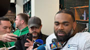 Eagles defensive end Brandon Graham talks to reporters after going through his first practice on Oct. 22 after unretiring.