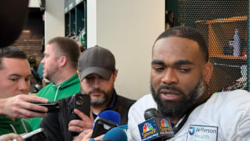 Eagles defensive end Brandon Graham talks to reporters after going through his first practice on Oct. 22 after unretiring.