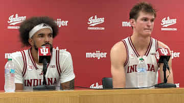 Indiana men's basketball guard Tayton Conerway and forward Reed Bailey speak to reporters Nov. 25, 2025, after defeating over Kansas State at Assembly Hall.