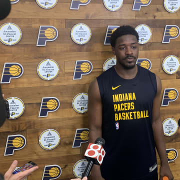 Indiana Hoosiers guard Xavier Johnson speaks to the media after a pre-draft workout with the Indiana Pacers on June 13, 2024. (Mandatory photo credit: Pacers on SI)