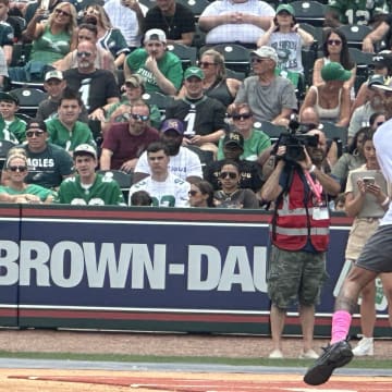 Eagles receiver DeVonta Smith gets ready to hit during his third annual celebrity softball game at Coca-Cola Stadium, home of the Philadelphia Phillies' Triple-A affiliate, the Allentown Iron Pig, on June 29, 2024. 