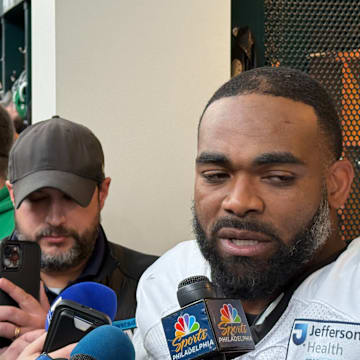Eagles defensive end Brandon Graham talks to reporters after going through his first practice on Oct. 22 after unretiring.