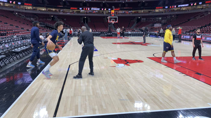Indiana Pacers forward Kendall Brown warms up before the Indiana Pacers take on the Chicago Bulls in the United Center on March 27, 2024. (Mandatory Photo Credit: AllPacers)