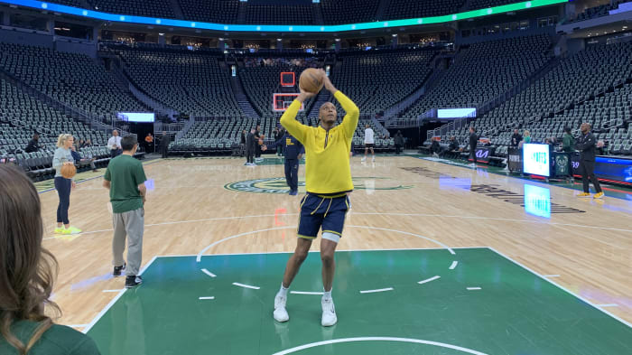 Indiana Pacers center Myles Turner warms up before the Pacers take on the Milwaukee Bucks ahead of Game 1 in the first round of the 2024 NBA Playoffs. (Mandatory Photo Credit: AllPacers)