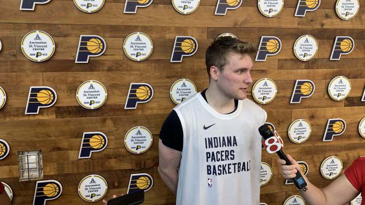 UConn Huskies guard Cam Spencer speaks with media members after performing a pre-draft workout with the Indiana Pacers on June 4, 2024. (Mandatory Photo Credit: Pacers on SI)