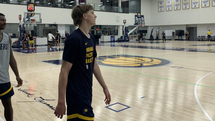 Indiana Pacers wing Johnny Furphy practices in advance of 2024 summer league. (Mandatory Photo Credit: Pacers On SI)