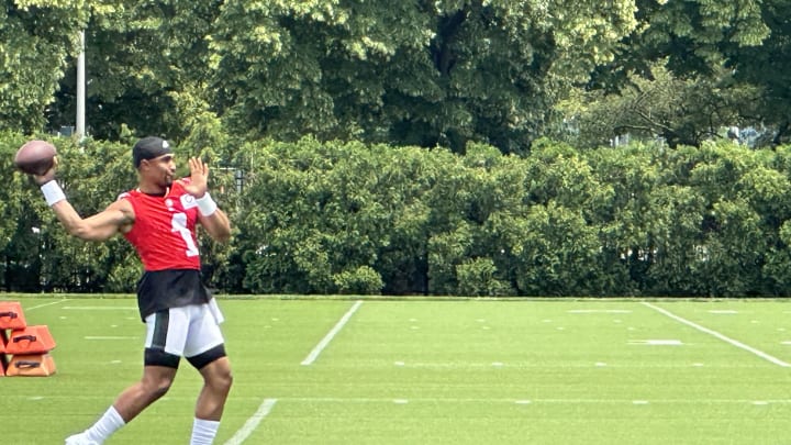 Jalen Hurts warms up during Day 2 of the Philadelphia Eagles mandatory minicamp on June 5, 2024