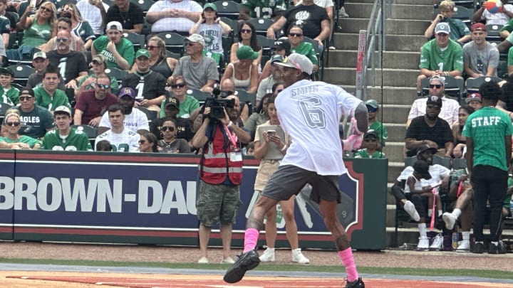 Eagles receiver DeVonta Smith gets ready to hit during his third annual celebrity softball game at Coca-Cola Stadium, home of the Philadelphia Phillies' Triple-A affiliate, the Allentown Iron Pig, on June 29, 2024. 