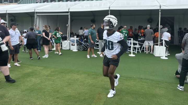 Eagles rookie Quinyon Mitchell takes the field for practice during training camp.