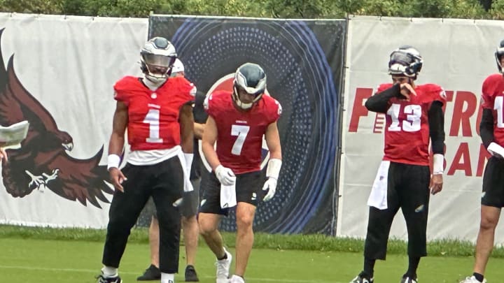 Eagles quarterbacks, left to right, Jalen Hurts, Kenny Pickett, Will Grier, get some work in during Eagles training camp.