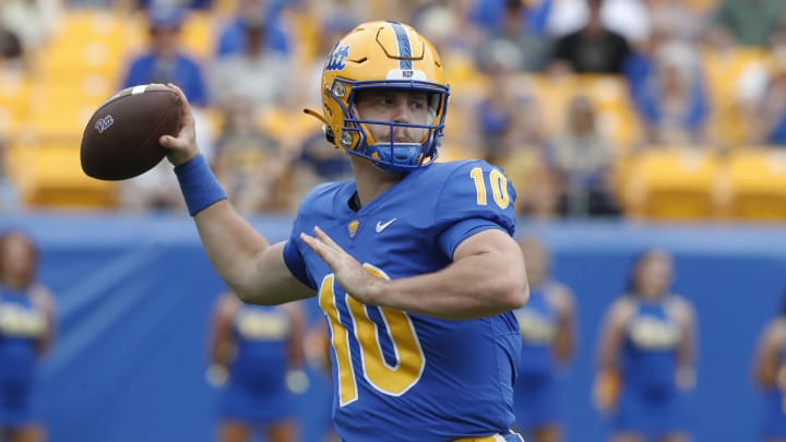 Aug 31, 2024; Pittsburgh, Pennsylvania, USA;  Pittsburgh Panthers quarterback Eli Holstein (10) passes the ball against the Kent State Golden Flashes during the first quarter at Acrisure Stadium. Mandatory Credit: Charles LeClaire-USA TODAY Sports