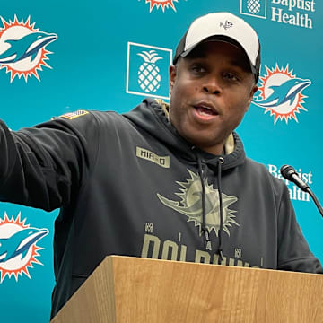 Dolphins general manager Chris Grier discusses the upcoming draft on Tuesday, April 16, 2024.